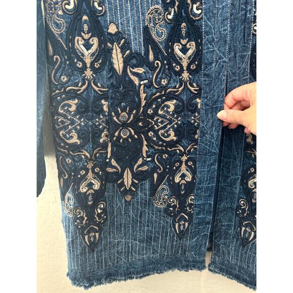 CHICO’S | Blue Boho Embroidered Open Front Jacket | Size 1 Medium - Picture 4 of 8